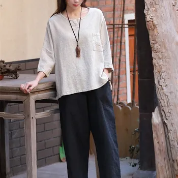 

New Arrival Spring Summer V-Neck Loose Shirts Female Pockets Cotton Linen Thin Vintage Blouse