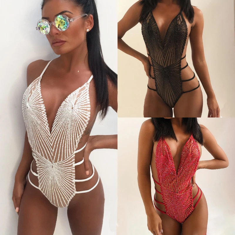 

Sexy Sequins Jumpsuit 2019 New Rompers Womens Jumpsuit Deep V Neck Hollow Out Sleeveless Women One Piece Suit Clothes Clubwear