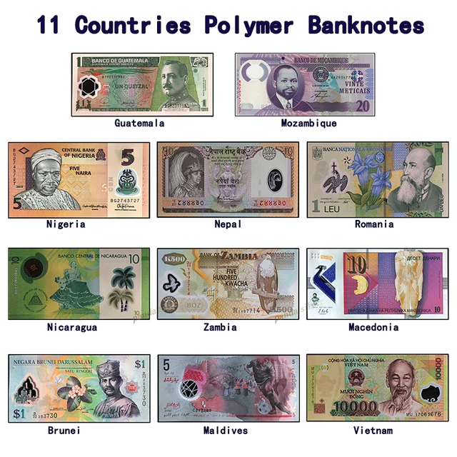 11 pcs Polymer Banknotes from different Countries Lot Set , UNC