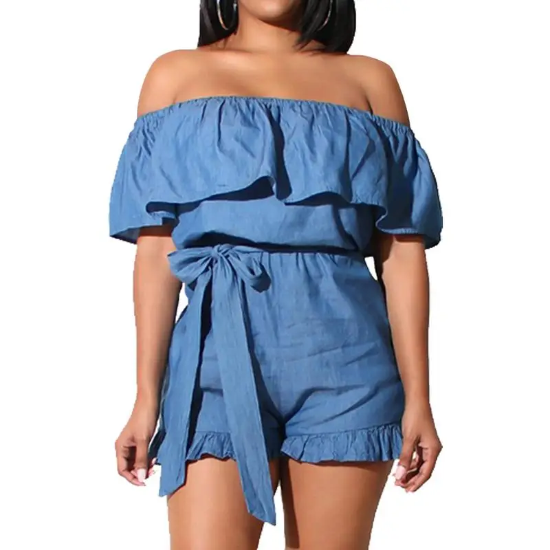 Off-shoulder Ruffled Denim Falbala Women's Jumpsuit Bodysuit Shorts | Женская одежда