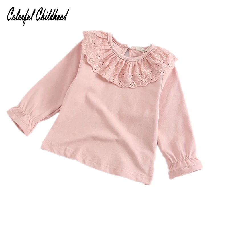 

2018 Kid Girls T-shirt Solid Lantern Sleeve Pure Cotton Ruffles Collar Pullover Princess Tee Toddler Kid Infant Autumn Tops0-3t