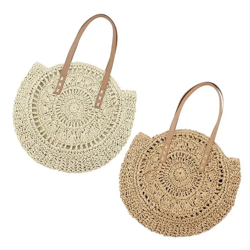 Round Straw Beach Bag Vintage Handmade Woven Shoulder Bag Raffia circle