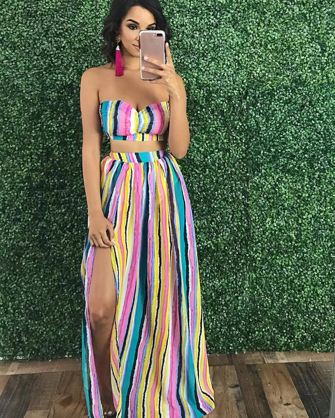 

Women Striped Beach Dress Strapless Tops And Long Skirt Summer Dress Set Sexy Party Two Pieces Maxi Dress Beach Wear