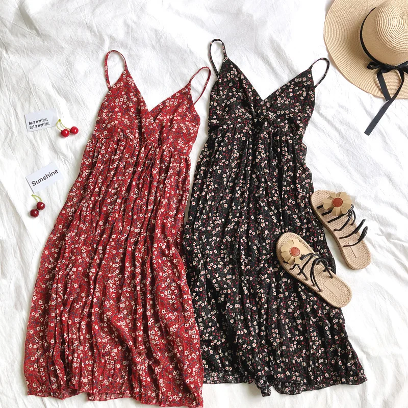 

2019 Summer Korean Fashion Holiday Dress Women V-neck Floral Print Long Dress