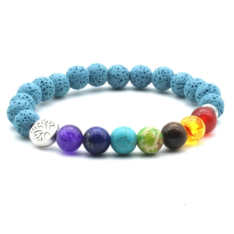 

8mm Seven Chakras Tree of Life Light Blue Lava Stone Beads DIY Aromatherapy Essential Oil Diffuser Bracelet Yoga Jewelry