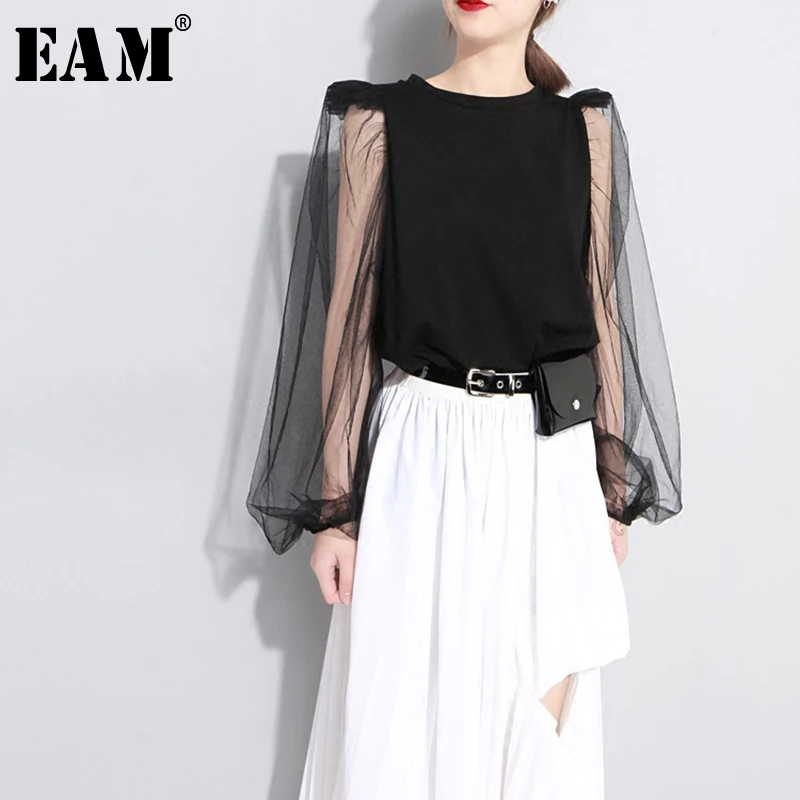 [EAM] новая весенне-летняя футболка с круглым вырезом и длинным рукавом-фонариком, сетчатая свободная футболка с разрезом, модная женская футболка JU191
