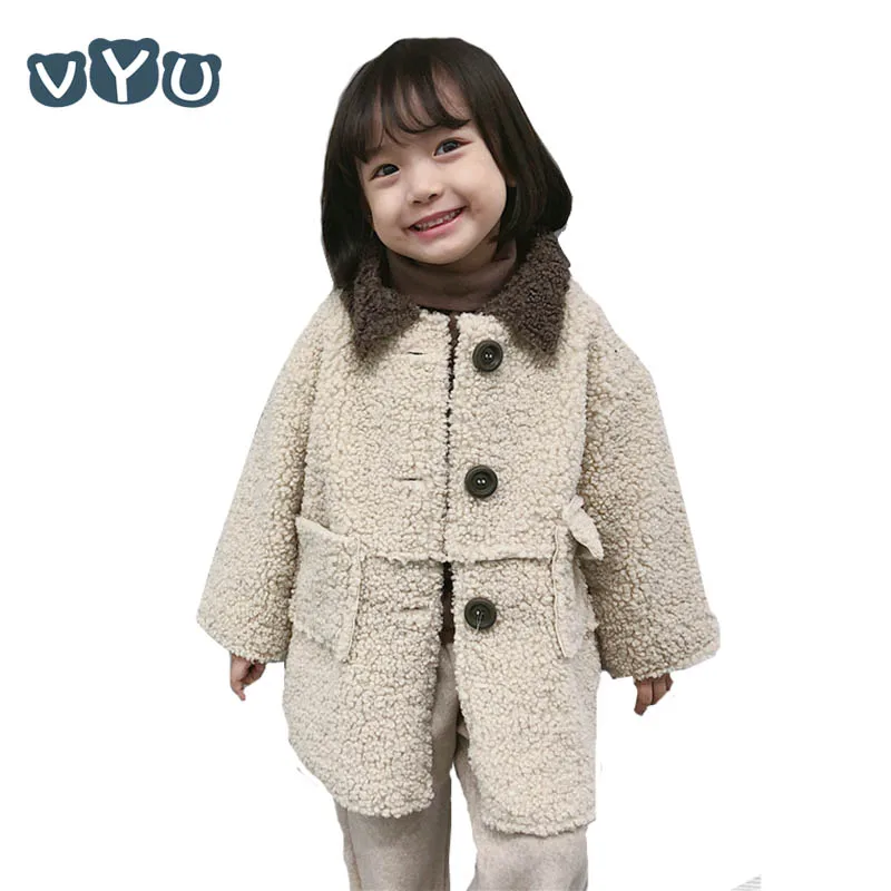 Модное детское пальто в Корейском стиле для девочек; плотная теплая шерстяная куртка с длинными рукавами; флисовая верхняя одежда с искусственным мехом; детская зимняя одежда