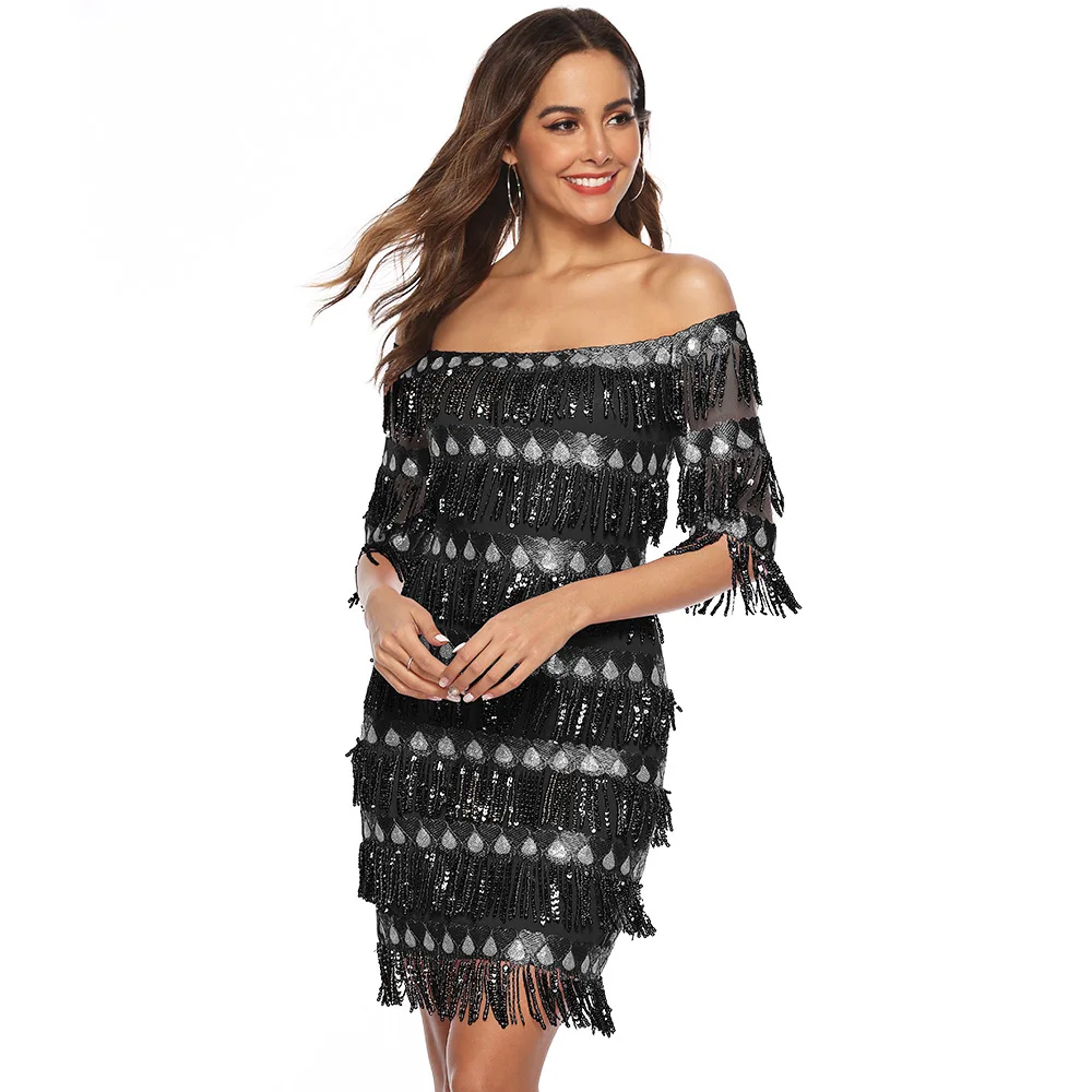

Elegant Princess Dress Women's Slash Neck Half Sleeve Tassel Hip Dress Sexy Party Bodycon Sequin Dresses Vestidos Pink Black Red