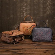 Винтажная ручная роспись цветок сливы дизайнерская женская сумка из натуральной кожи женская темно-синяя сумка-мешок, сумка через плечо ручной работы