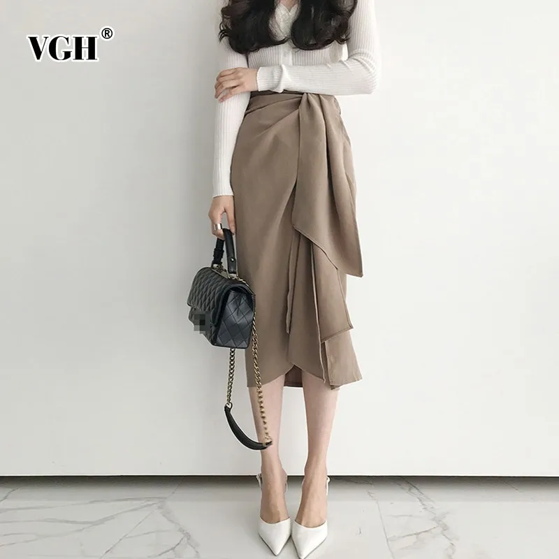 

VGH Spring Women's Skirt Vintage High Waist Asymmetric Hem Female Mid-calf Female Skirts 2019 Fashion New Tide