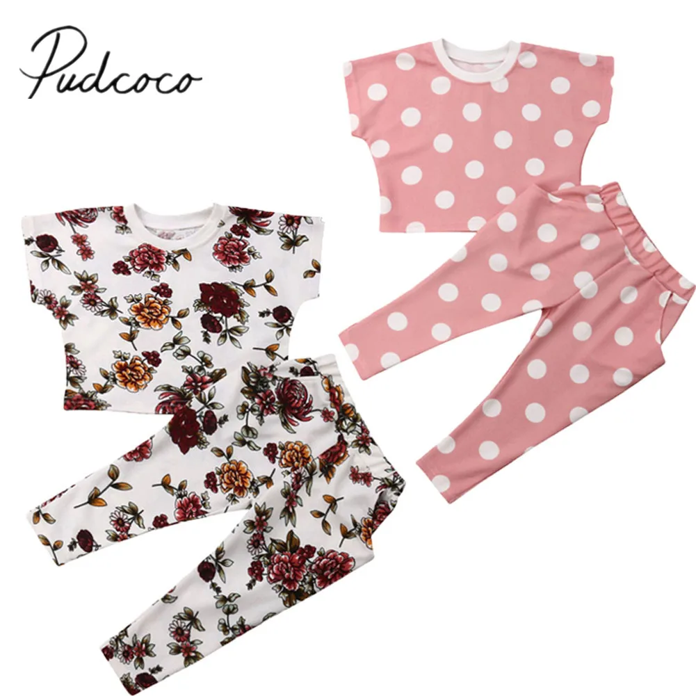 

2019 Brand New Toddler Kid Baby Girl Dots Clothes Summer Casual 2Pcs Sets Floral/Dot Print Short Sleeve T-Shirts Tops+Pants 1-6Y