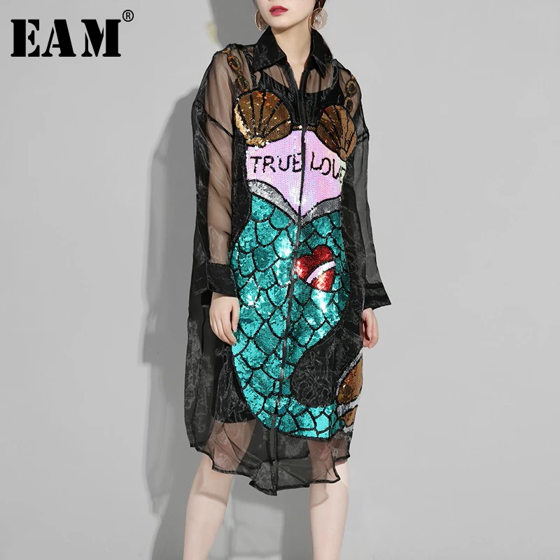 

[EAM] 2019 New Autumn Winter LapelLong Sleeve Black Blue Sequins Organza Stith Perspective Big Size Dress Women Fashion T05301