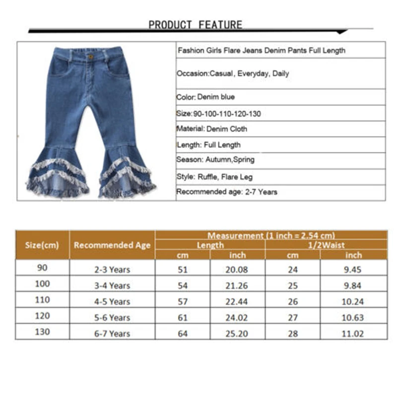 Г. Модные джинсы для девочек, размер От 2 до 7 лет широкие расклешенные брюки, штаны Новая одежда для малышей, полная длина костюм с кисточками милый ребенок