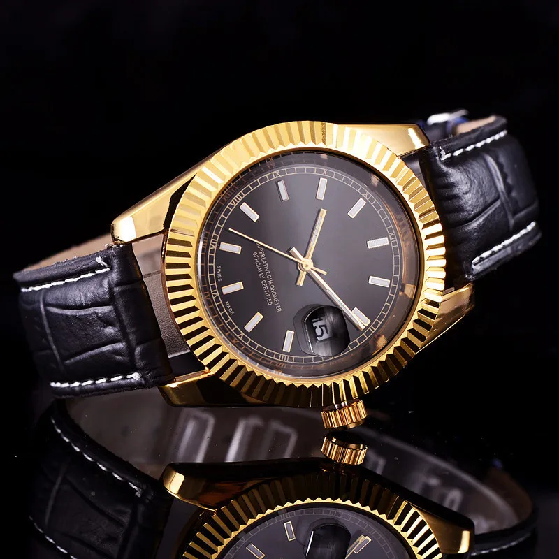 

Relogio Masculino Simple Dress Designer Mens Watches Top Brand Luxury Men Leather Watch Black Dial Gold Case New Day Date Clock