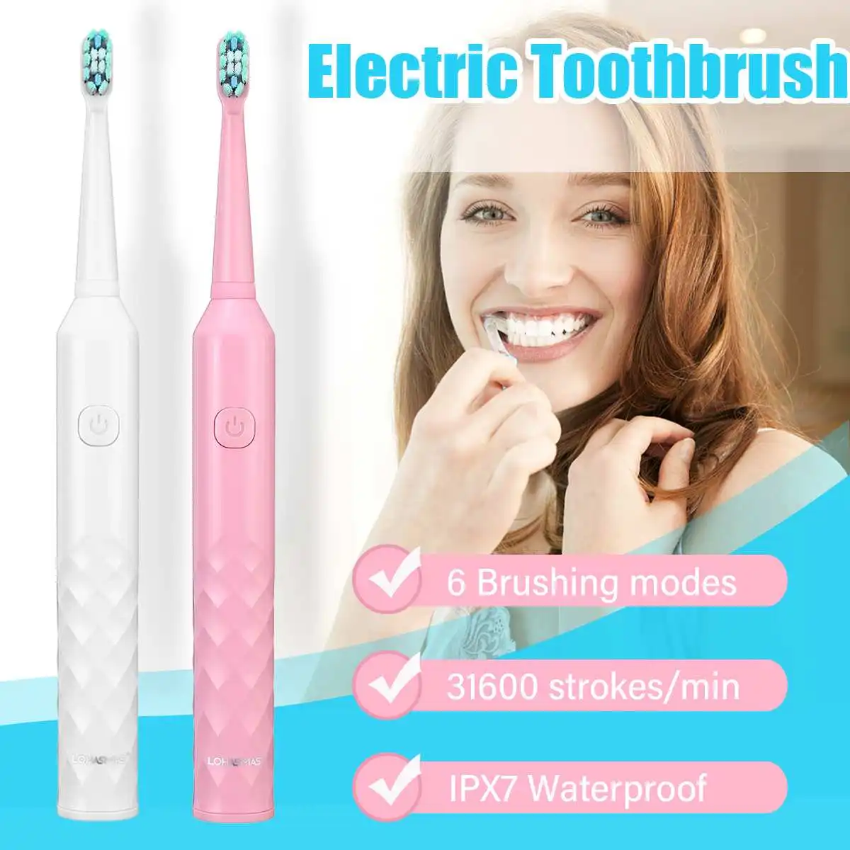 

6Modes Ultrasonic Electric Toothbrush IPX7 Waterproof + Replacement 2 Brush Heads Household Adult Automatic Toothbrush Care Tool