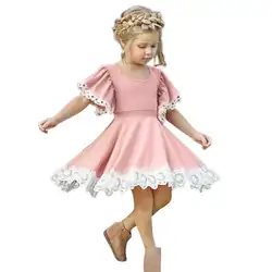 Летнее Детское платье для маленьких девочек с круглым вырезом и оборками, одежда с рукавами, милое хлопковое кружевное платье принцессы