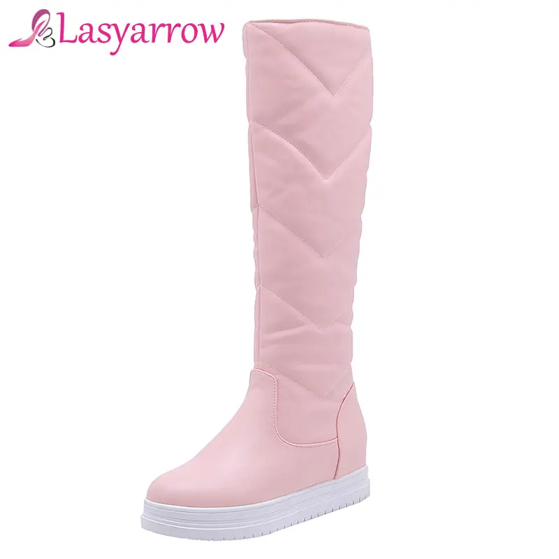 

Lasyarrow Snow Boots Women's Round Toe Platform Heels Knee High Boots Fashion Slip On Sapatos Femininas Botas Mujer Black White