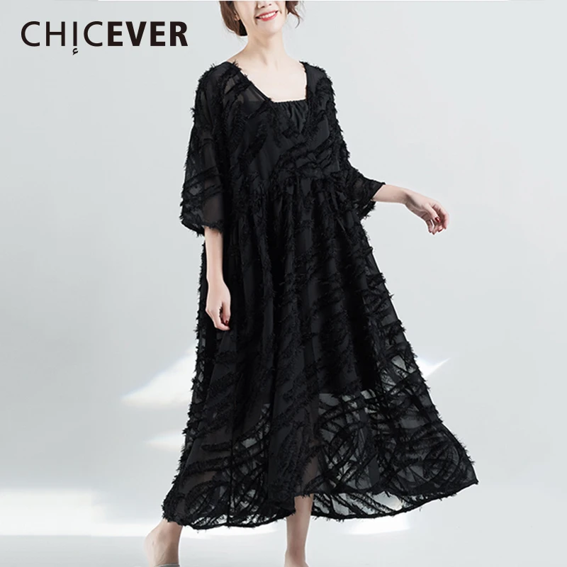CHICEVER весеннее Черное женское платье с рукавом три четверти свободные большие
