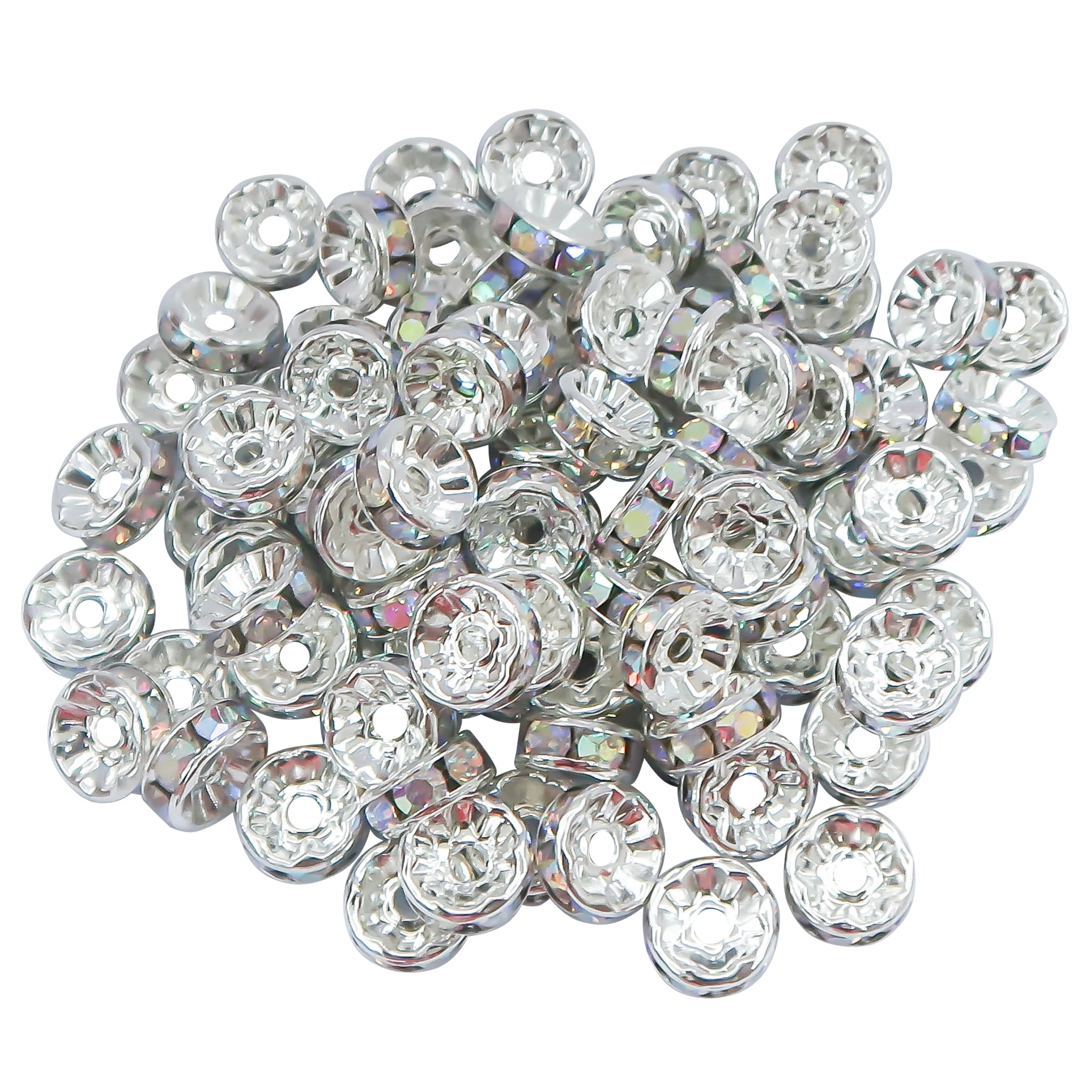 

TOAOB 100pcs Silver Plated AB Rhinestone Spacer Beads 8mm for Jewelry Making