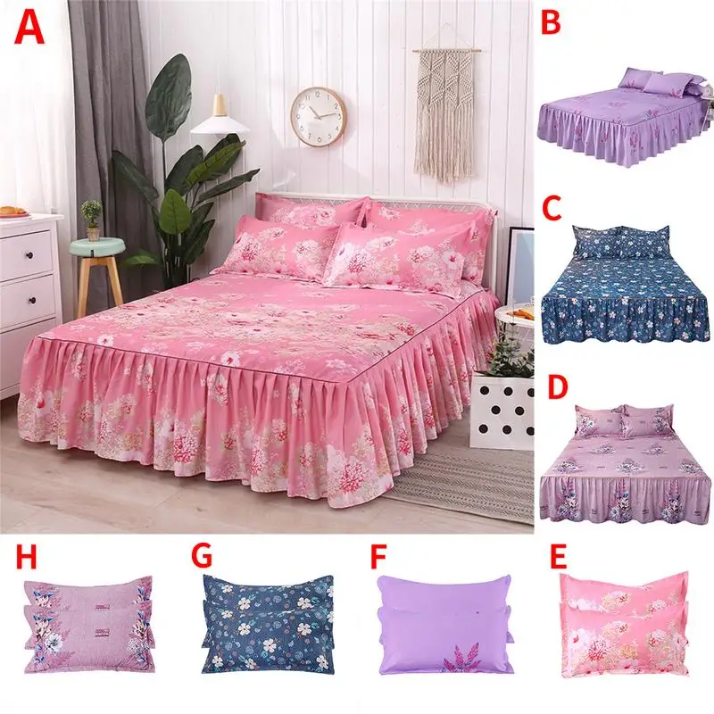 

3PCS/SET Bed Skirt Queen Size Single-Layer Cotton Bedspread Including 1 Bedspread 2 Pillowcases Flower Series 1.5*2M