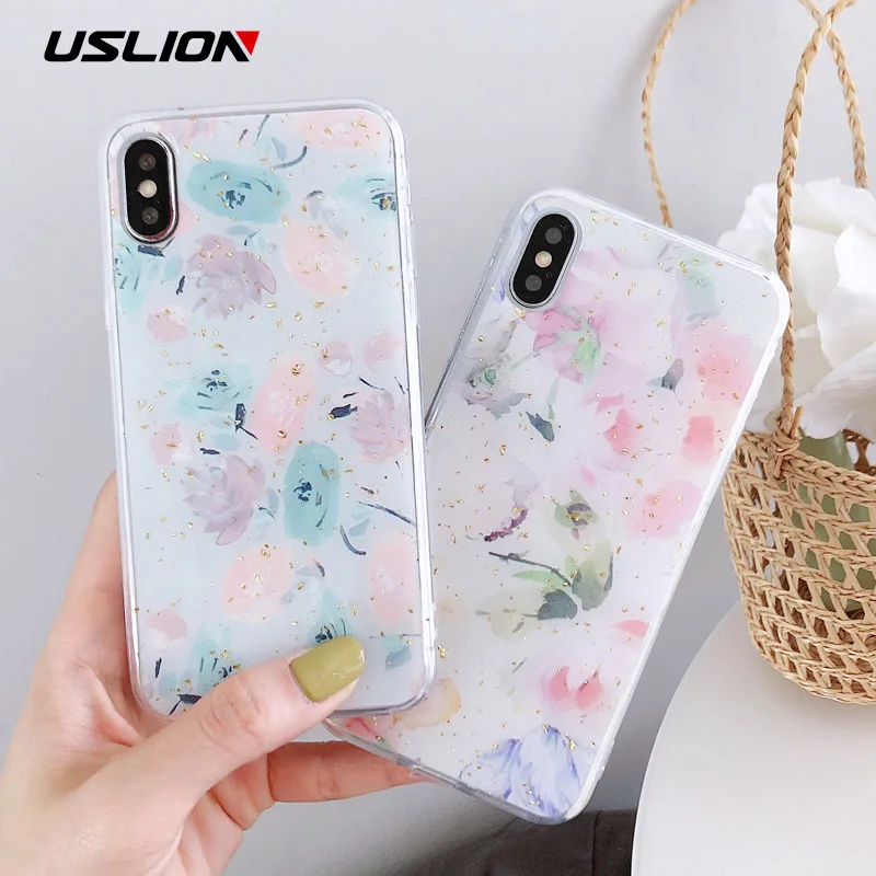 

USLION Bling Gold Foil Powder Phone Case For iPhone 7 Plus Flower Silicon Case For iPhone XS MAX XR X 6 6S 8 Plus Soft TPU Cover