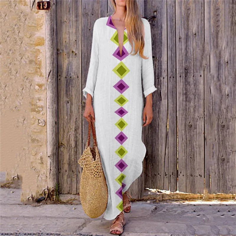 

Women's Deep V Neck Kaftan Dress Long Sleeve Loose Casual Beach Baggy Print Maxi Dress Long Party Dresses Kimono Hawiian Dresses