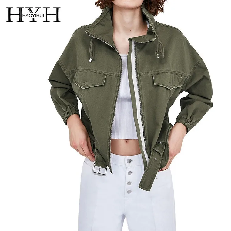

HYH HAOYIHUI Leisure Time Simplicity Fold Boyfriend Wind Jacket Army Green Work Clothes Loose Coat New Arrival