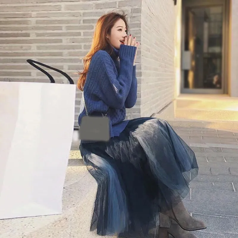 

Autumn Winter Women Knit Sweater Set Two Pieces Long Sleeve Pullover Knitted Set Female Elegant A-Line Mesh Skirt Set