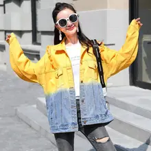3160 яркие цвета, свободная джинсовая куртка в Корейском стиле для женщин, имитация двух частей, уличная одежда, рваные джинсовые куртки и пальто, весна