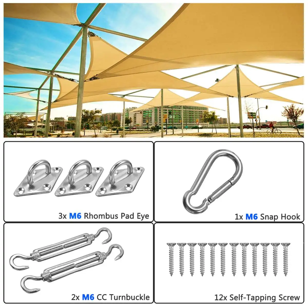 

M6 Shade Sail Accessories for Triangle (Rhombus Pad Eye Turnbuckle Snap Hook Self-Tapping Screw
