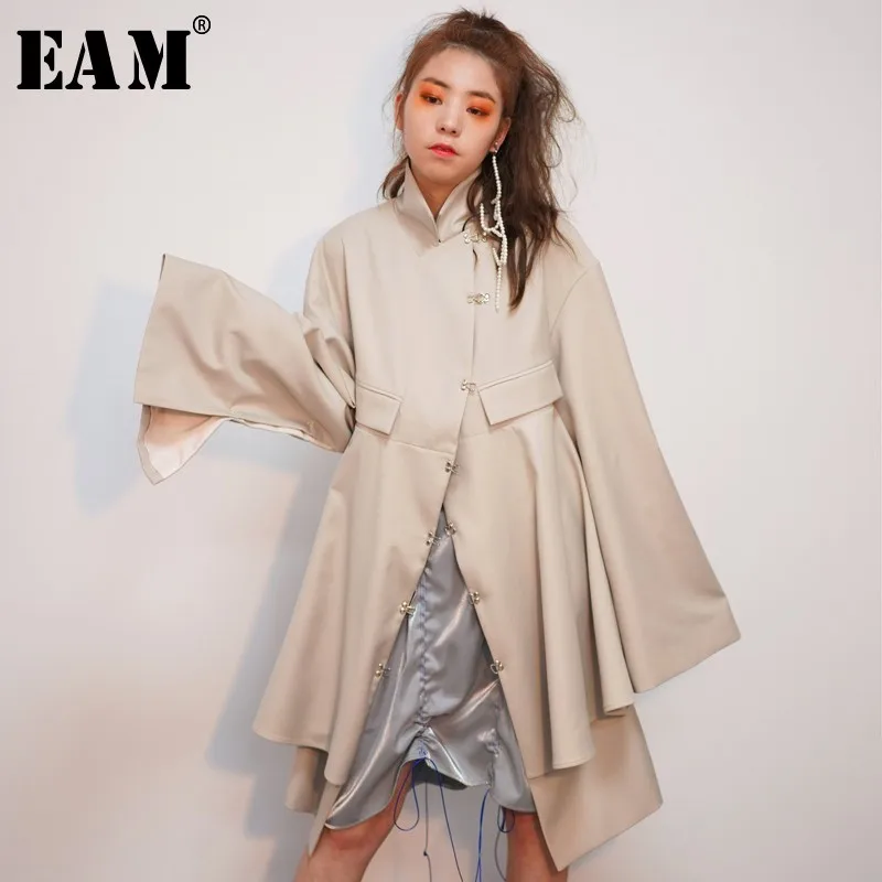 

[EAM] 2019 New Spring Winter Lapel Long Sleeve Backless Hollow Out Irregular Hem Big Size Windbreaker Women Trench Fashion JO345