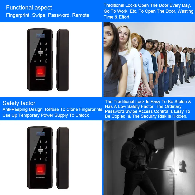 Glass Door Lock Electric Fingerprint Lock Electronic Digital Door Lock With Touch Keypad Smart Card Remote Control Office Home