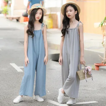 

Solid Loose Cotton Jumpsuit For Teenage Girls Long Pants Kids Summer 2019 Wide Leg Pants Clothes Kids Casual Overalls