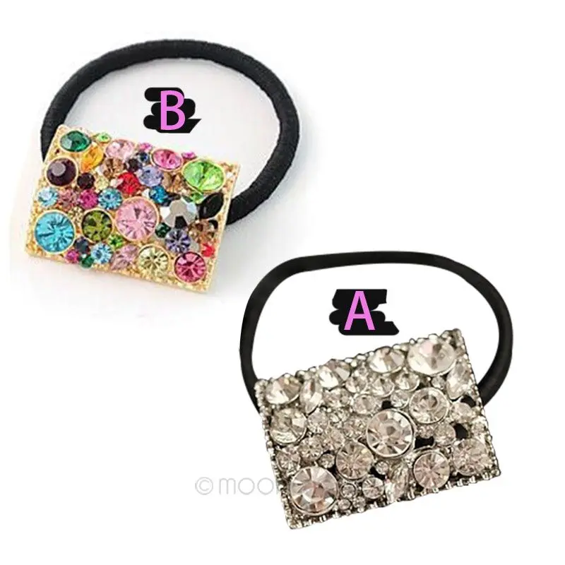 

Elegant Chic Square Colorful Crystal Rhinestones Elastic Hair Bands Women Ponytail Holder Hair Rope Head Jewelry for Ladies