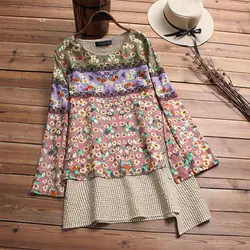 Женские блузки с цветами Винтаж Асимметричный Подол Blusas женский лоскутное печатных топы корректирующие рубашка с длинными рукавами