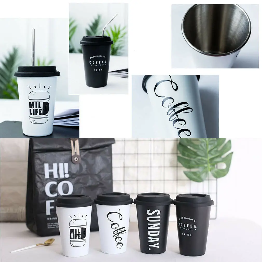 

500ml Coffee Mugs Thickened Stainless Steel Coffee Mugs Tea Cups Big Travel Mug Camping Mugs Coffee Cup With Lid Straws
