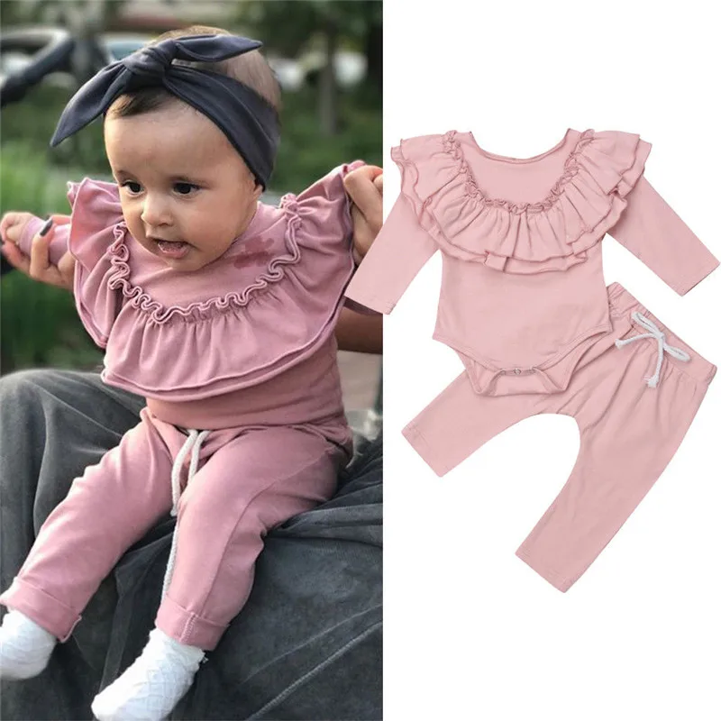 

2018 Active Newborn Baby Girl Cotton Tracksuits Girl Solid Ruffles Long Sleeve Bodysuit Lace-up Pants 2Pcs Autumn Outfits 0-18M