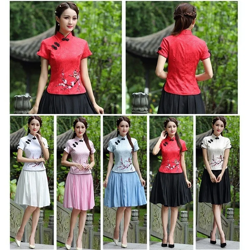 CHENG COCO Traditional Chinese Clothing For Women Tang Chinese Style Tops Short Sleeve Summer Red Cheongsam Top Vetement 3XL 4XL