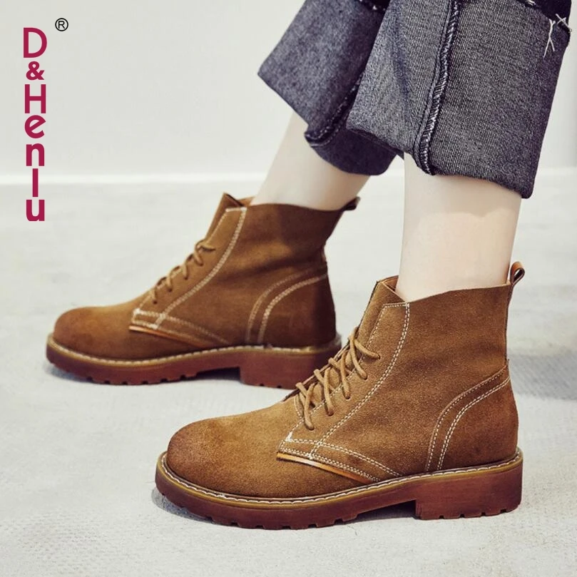 

{D&Henlu} 2018 New Autumn Winter Shoes Women Genuine Leather Ladies Flats Boots Martin Motorcycle Boots Women Platform Lace-Up