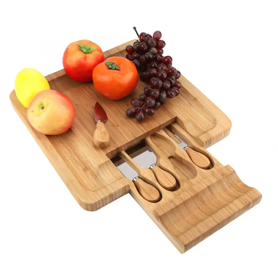 Rectangle 33*33*3.5cm Bamboo Cheese Board with Integrated Special Cutlery Cutting Tool