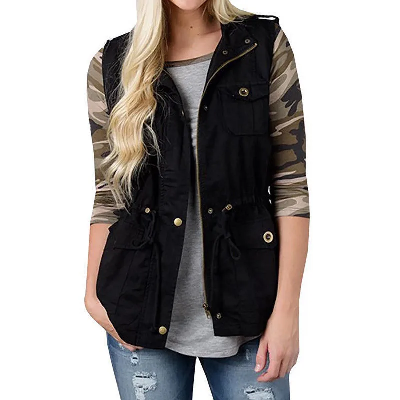 Women Olive Cargo Utility Safari Vest W/Pocket Drawstring