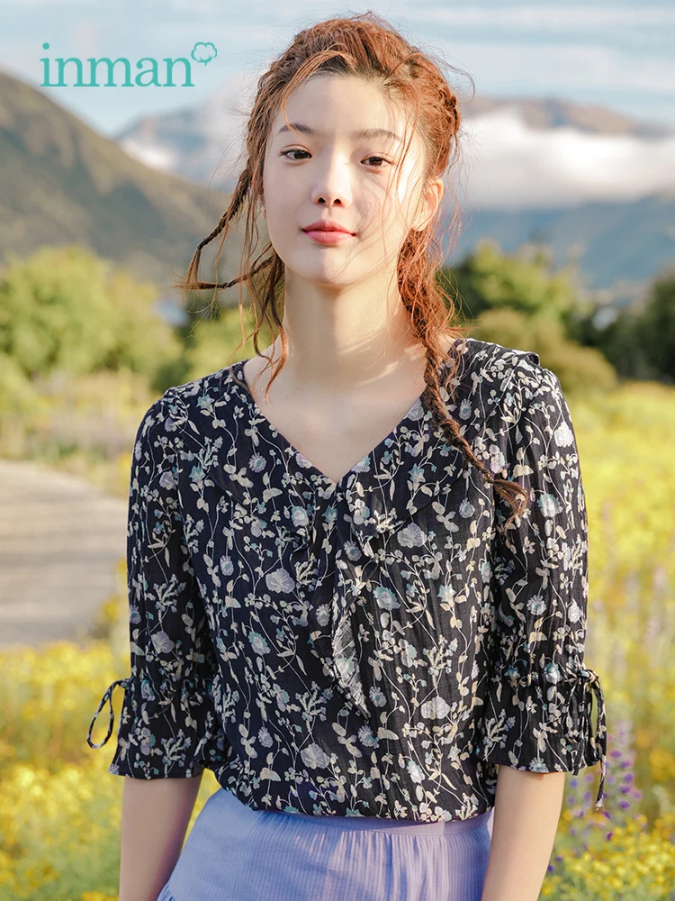 

INMAN 2019 Summer New Arrival Ruffle V-neck Lacing Mediem Sleeve Literary All Matched Floral Women Shirt