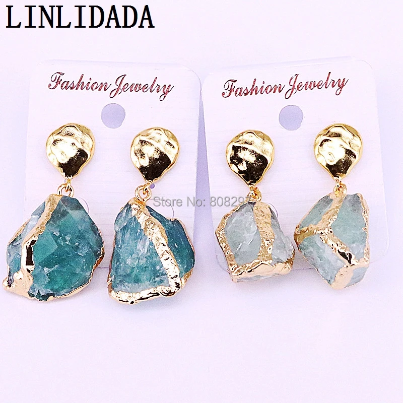 

5Pairs Natural Fluorescent stone Charm Gem dangle earrings with metal electroplated for women jewelry