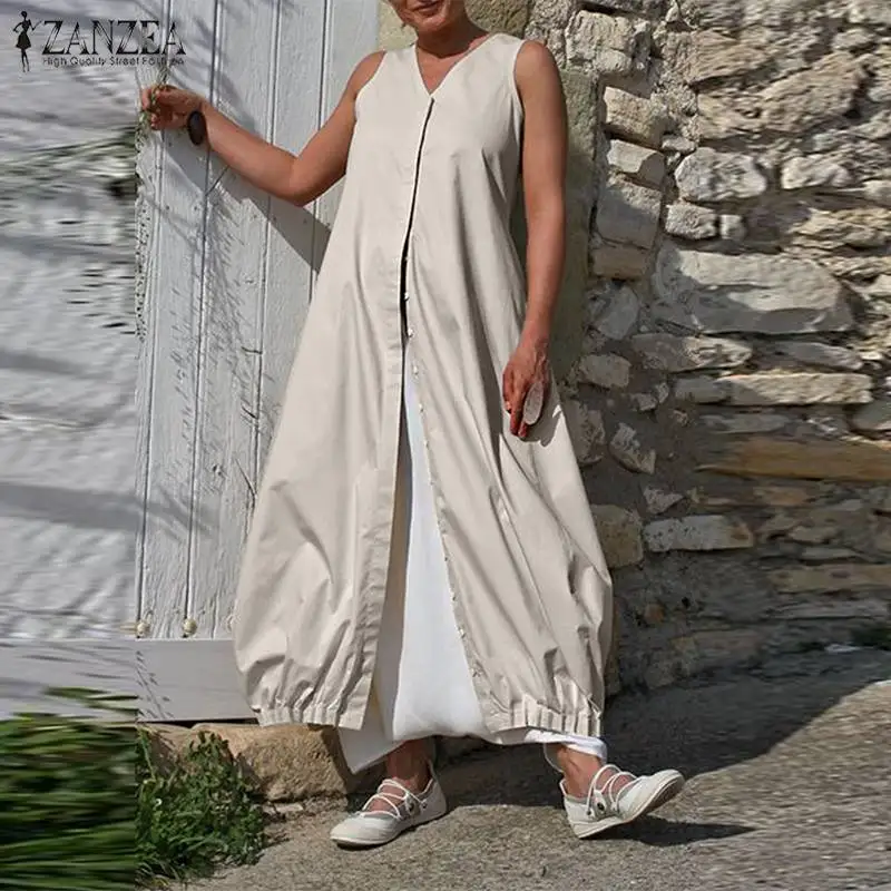 

Asymmetrical Maxi Dress Women Summer Sundress 2019 ZANZEA Fashion V Neck Shirt Vestido Plus Size Female Button Split Tunic Robe