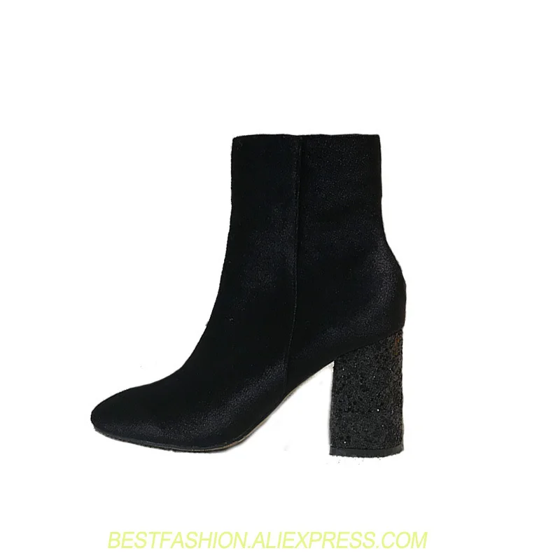 

Short boots Stretch Fabric Shoes Slip On Ankle Boots Women Thick Glitter Heel High Heels boot Slim Shoes Women Sexy Autumn Shoe