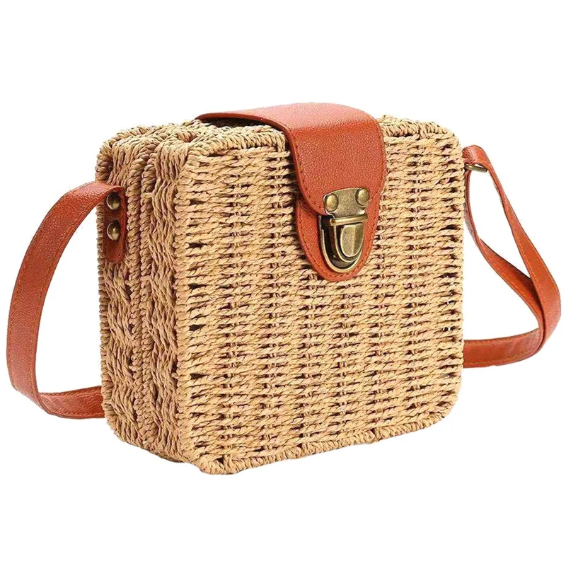 Premium Beach Rattan Bag Small Crossbody Sling Bag Square Straw Bag( Brown)in Shoulder Bags