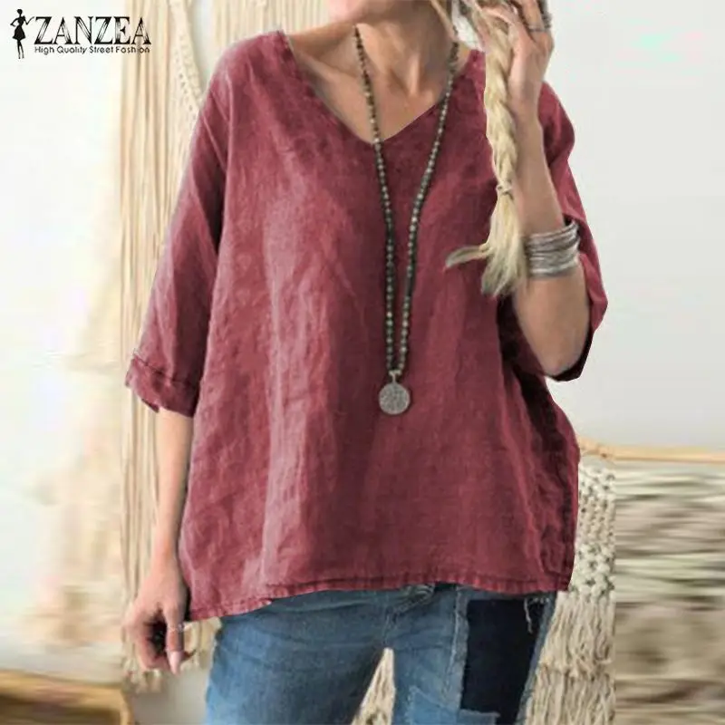 

2019 Summer ZANZEA Women Tops Casual Solid Blouse Ladies Cotton Linen Blusas Baggy V Neck Shirt Tunic Tops Blusa Feminina S-5XL