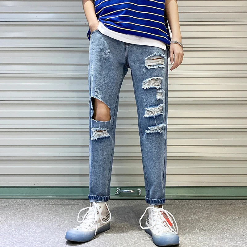 

Summer New Jeans Men Fashion Washed Solid Color Torn Holes Denim Pants Man Streetwear Hip Hop Loose Trousers Male Clothes