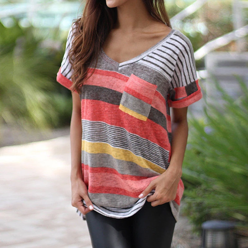 

Korean Style Halajuku T-Shirts Casual Loose Female Tee Women Summer Short Sleeve V-Neck Sexy Tops Striped Color Patchwork Pocket