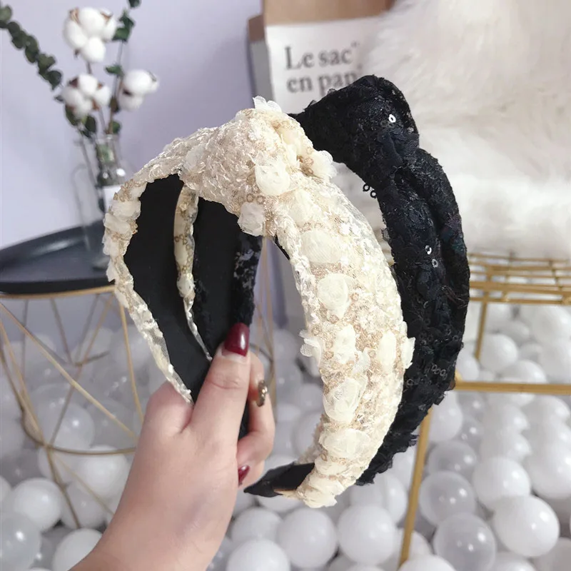 

2019 Summer Hair Accessories for Women Simple Fabric Glitter Bud Silk Yarn Flower Knotted Hairband Wide-brimmed Korean Headband